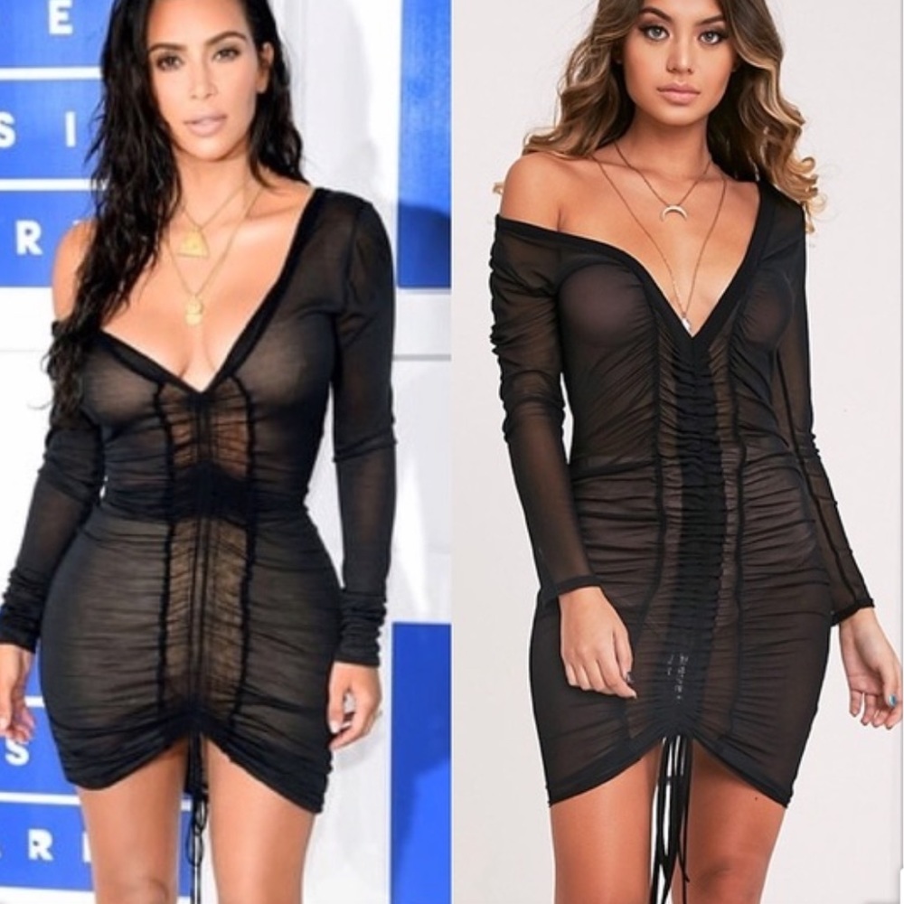 Kim Kardashian style black mesh ruched dress